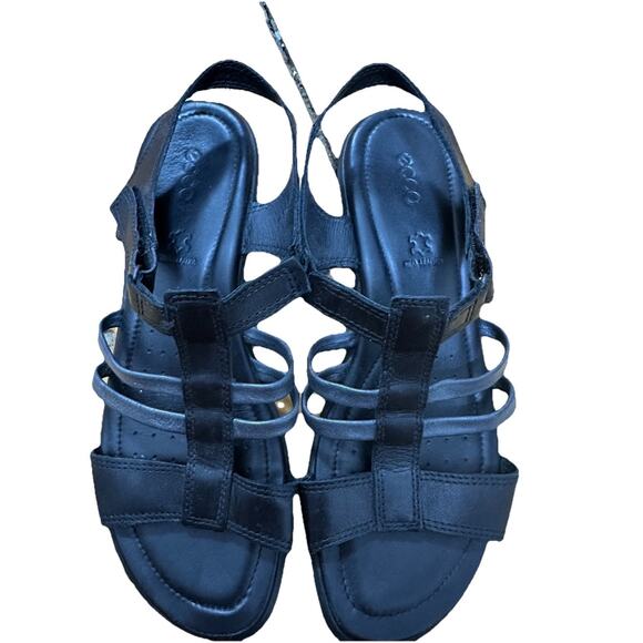 ECCO Black Strap Woman’s Slingback Leather Sandals Wedges Size 7 - Picture 1 of 6